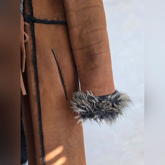Vtg Brown Faux Suede Fur Hooded Full Length Long Afghan Penny Lane Coat Sz M - Picture 3 of 16